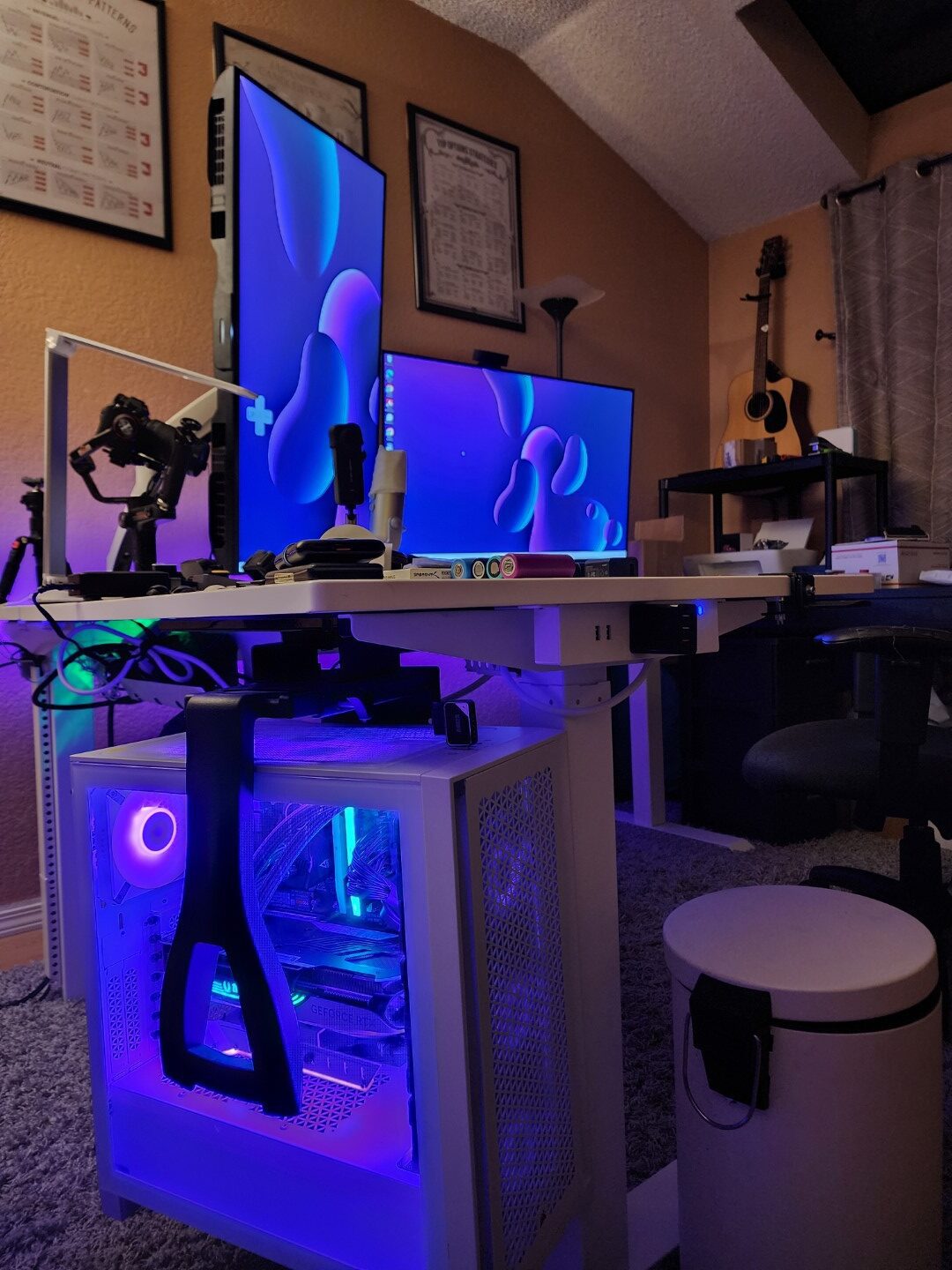 glowing computer dual monitor setup