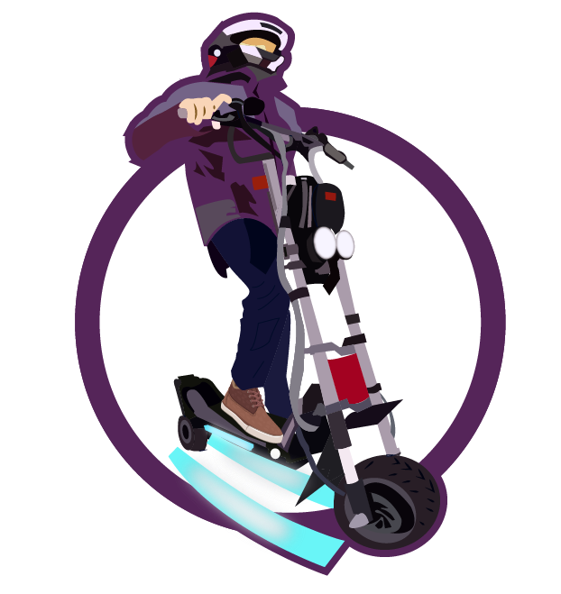 logo, man standing on a scooter